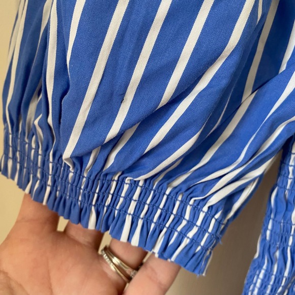 Madewell Smocked Puff Sleeve Midi Dress Womens XS Blue Striped Poplin Coastal - Picture 4 of 8